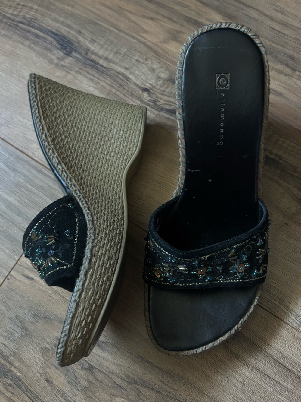 Ellemenno Black Beaded Wedge Sandals